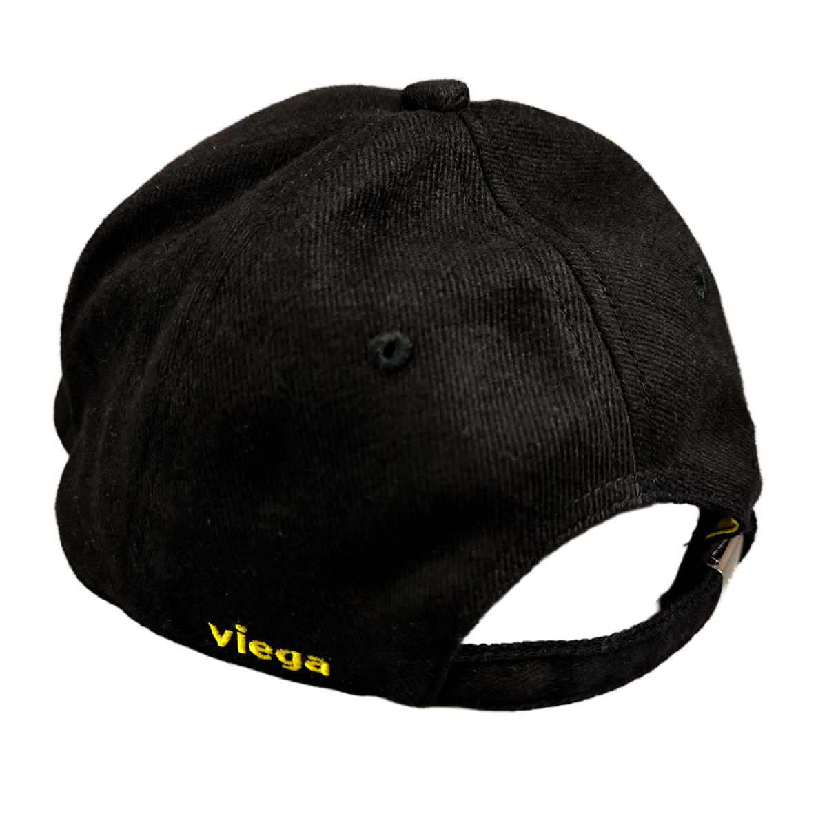Eine klassische schwarze Baseballkappe mit dem gelben Viega-Logo auf der Vorderseite. Ideal für Freizeitaktivitäten im Freien